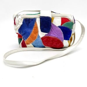 80s 90s Vintage Retro Multicolor Leather  Purse Patchwork Abstract Cross…